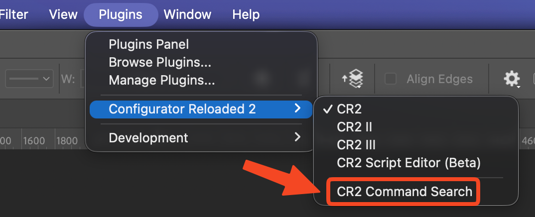 Photoshop menu bar: Plugins, then Configurator Reloaded 2, then CR2 Command Search